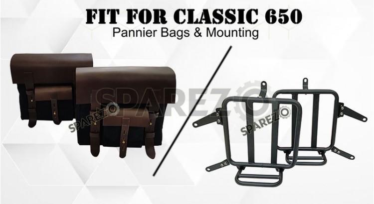 For Royal Enfield Classic 650 Genuine Leather Pannier Bags Black With Mounting - SPAREZO